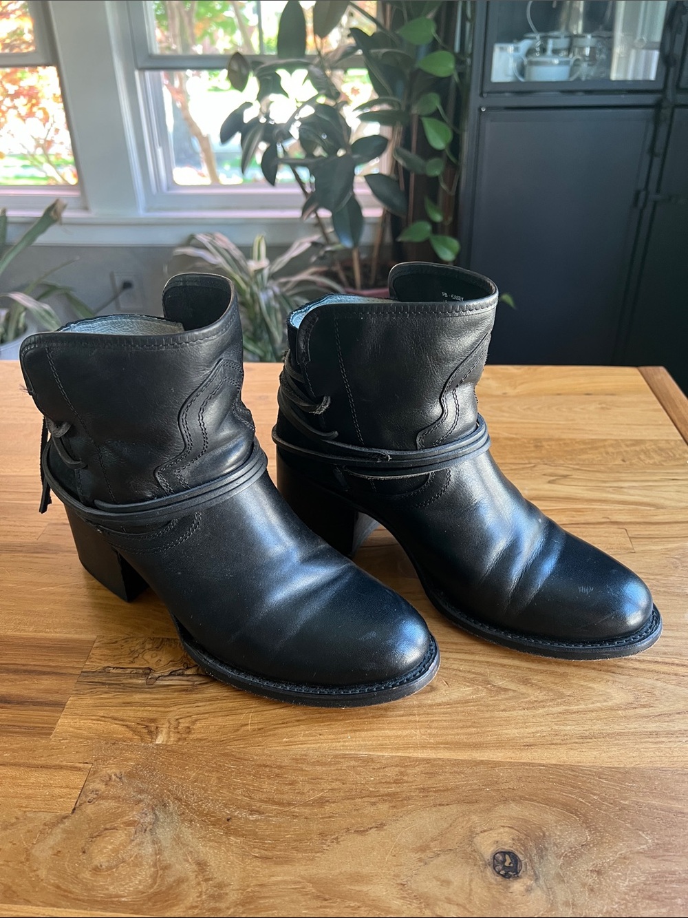 freebird black leather western ankle boots with stacked heel
